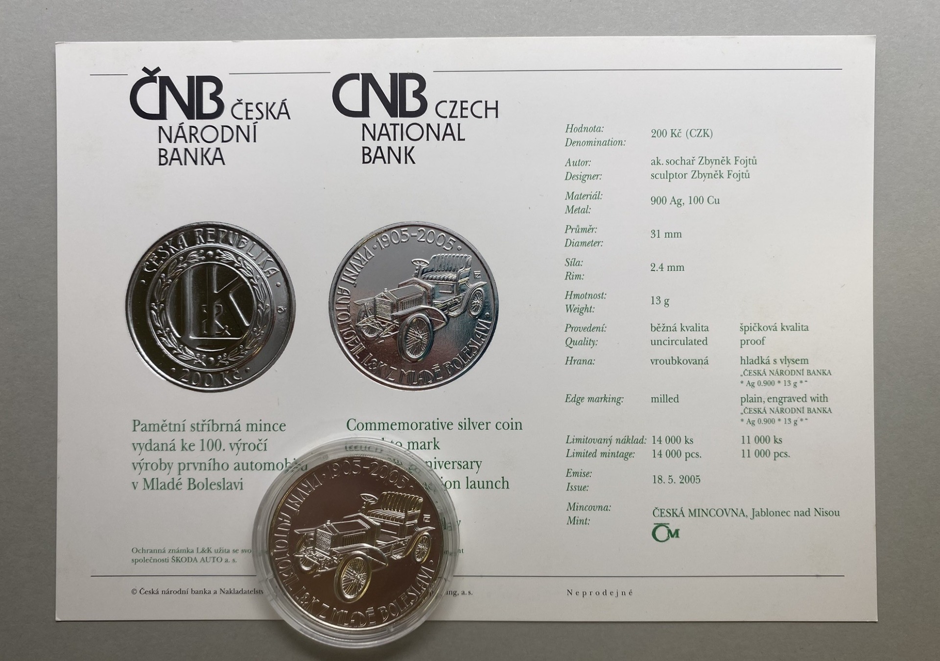 Stříbrná pamětní mince 200 Kč 2005 - První automobil BK